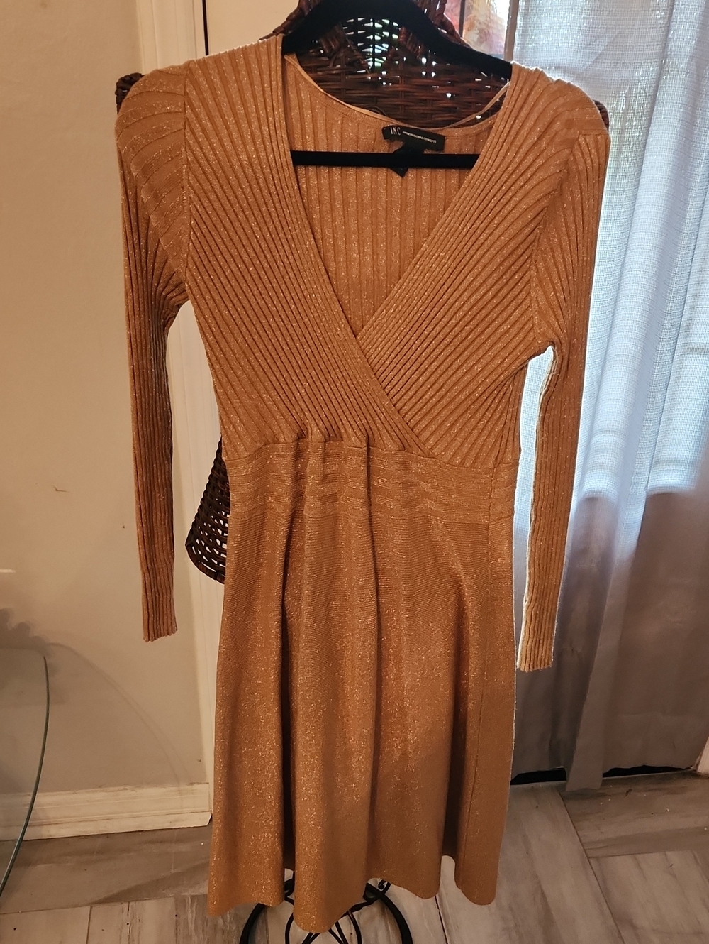 INC International Concepts Metallic Gold Long-Sleeve V-Neck Dress